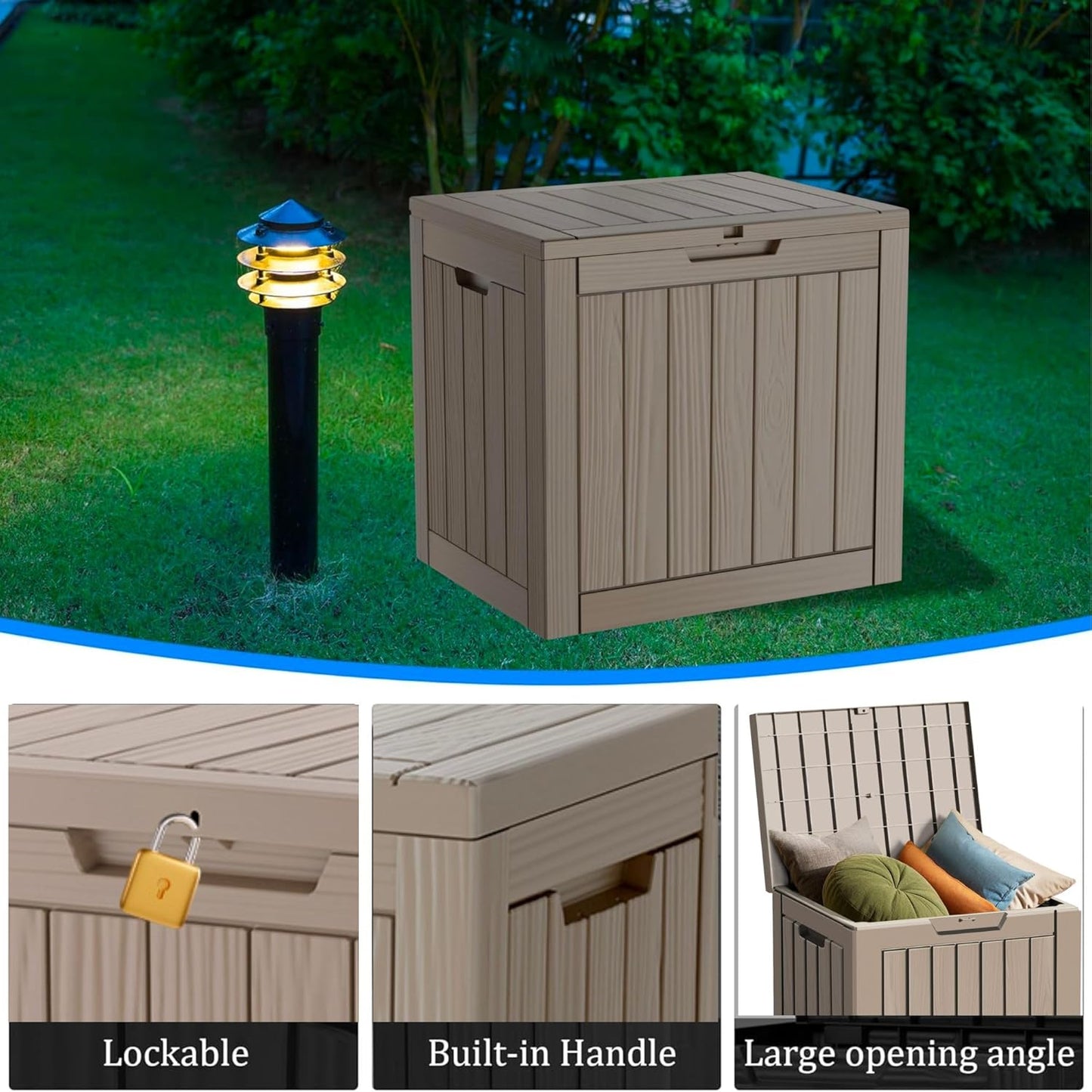 30 Gallon Waterproof Deck Box, Lockable Resin Storage Box for Patio Furniture Cushions Garden Tools and Outdoor Delivery Storage, Coffee