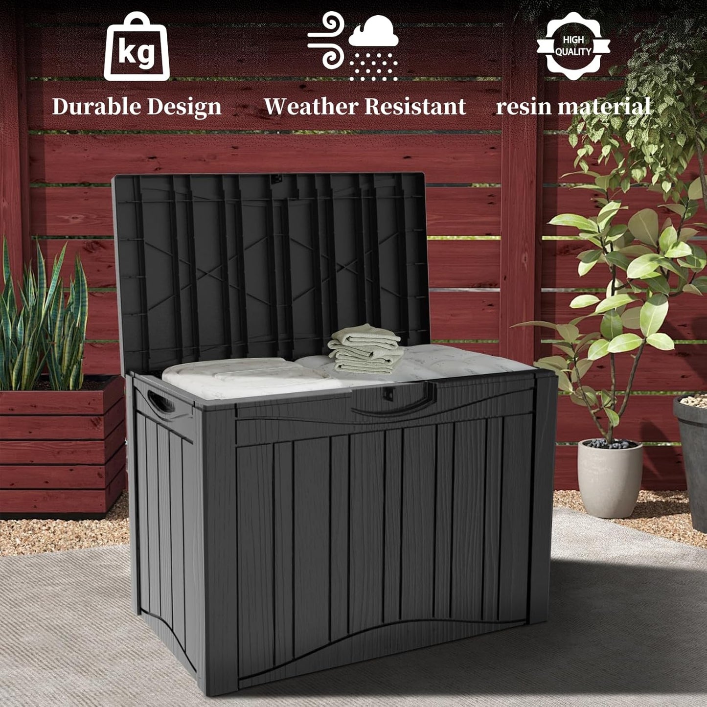 50 Gallon Heavy Duty Outdoor Deck Box with Lockable Lid, All Weather Waterproof Storage for Patio Cushions, Pool Toys, Garden Tools - Rust-Proof Resin Design (Black)