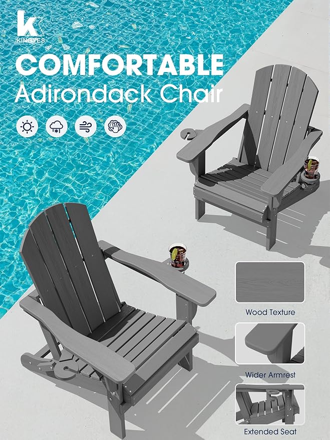 KINGYES Folding Adirondack Chair Set of 8, Dual Cup Holders & All-Weather HDPE, Wood-Like Patio Chair for Backyard, Camping, Pool & Fire Pit, Grey