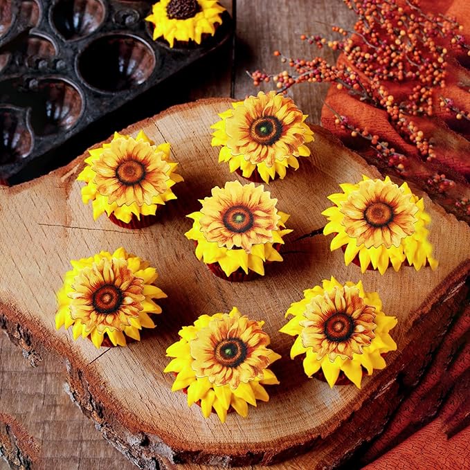 60 PCS Edible Sunflower Cupcake Toppers Edible Flowers Cake Decorations Edible Paper Sunflower Party Decorations for Baby Shower Sunflower Birthday Party Cake Toppers Food Decorations Supplies