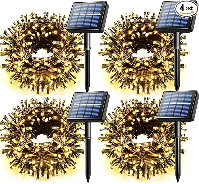 Voolex 4-Pack Solar Christmas String Lights Outdoor -100LED 33FT Solar Powered LED String Light Waterproof with 8 Modes, Solar Powered Lights for Garden, Fence, Party, Tree Decorations Warm White