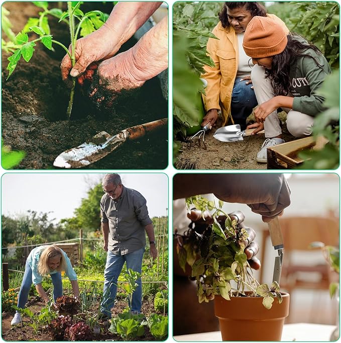 LeMotech Garden Tool Set, 3Pcs Stainless Steel Heavy Duty Gardening Kit Including Trowel Transplanter Cultivator Gardening Hand Tools with Handle, Planting Tool for Women Men