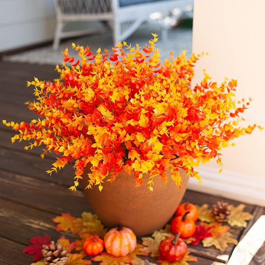 Artificial Fall Flowers Faux Mums for Outdoor Indoor Garden Home Decoration, Faux Flower Daisy with Eucalyptus Leaves Fake Plants Greenery Boxwood Porch Patio, 12 Bundles (Orange Eucalyptus)