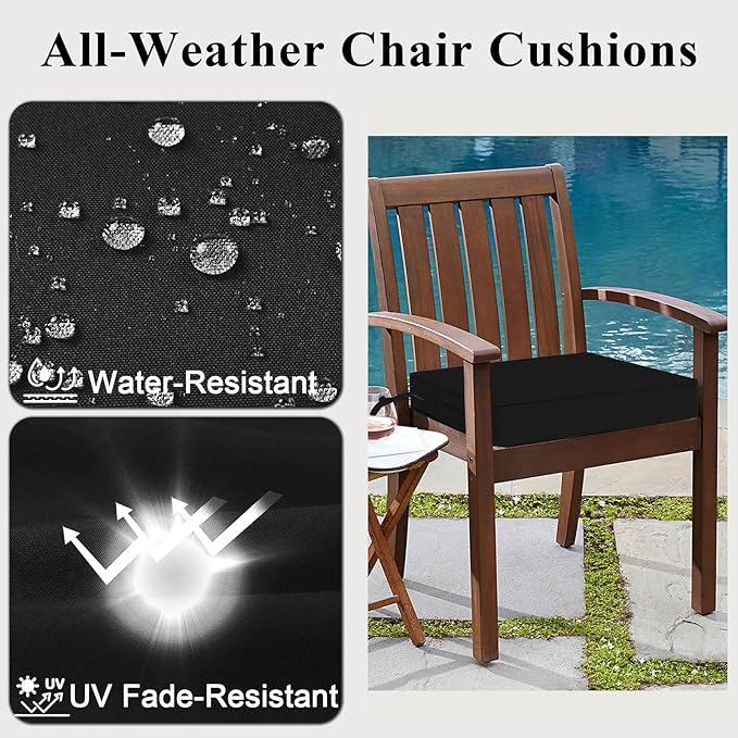 Outdoor Chair Cushions Set of 2 for Patio Furniture 19x19x4 Inch Waterproof Patio Chair Cushion 3 Year Color Fastness Square Elastic Foam Garden Couch Pads with Ties and Handle,Black