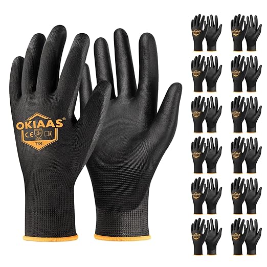 OKIAAS Men's Ultra-Thin and Lightweight Working Gloves with Grip, 12 Pairs, Black, Small