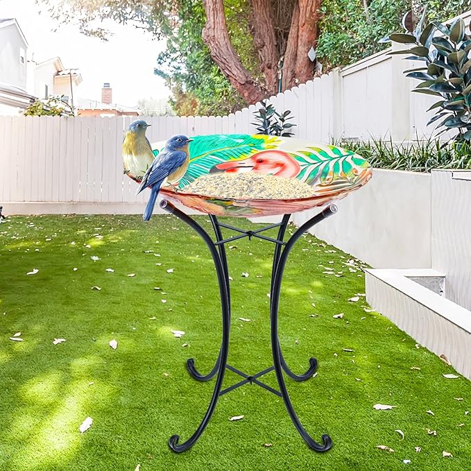 MUMTOP Outdoor Glass Birdbath with Metal Stand for Outside Yard Garden Decor, 18 inch Diameter Flamingo Bird Baths Bowl for Outdoors, 21.65 inch Height