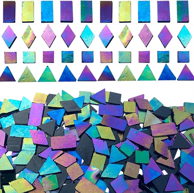 Iridescent Black Glass Mosaic Tiles, 280 Pieces Mixed 4 Shapes Stained Glass Sheets, Mosaic Making Supplies for Adults