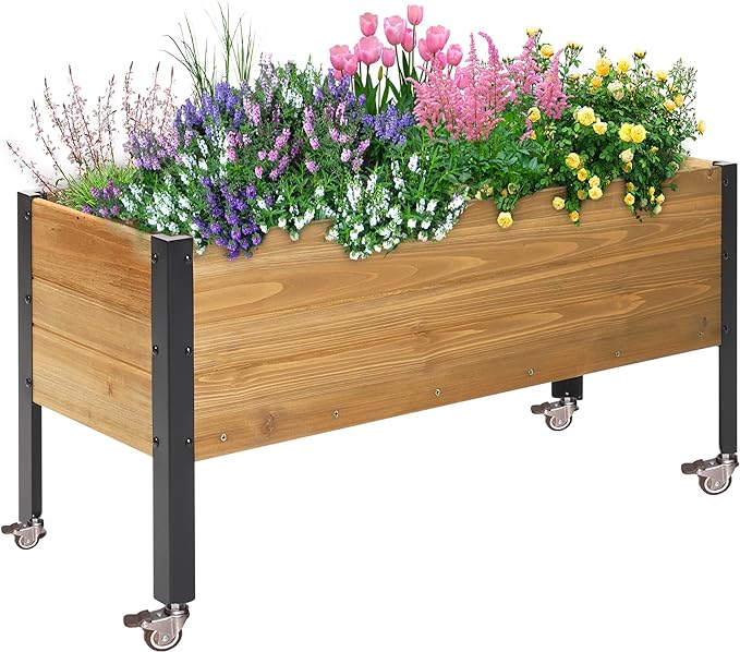 Wood Rectangular Garden Planter Box with Wheel Raised Garden Bed Outdoor,Planters for Outdoor Plants 37 * 13 * 15 Elevated Planter Box for Herbs Vegetables Flowers Outdoor Patio Deck Balcony