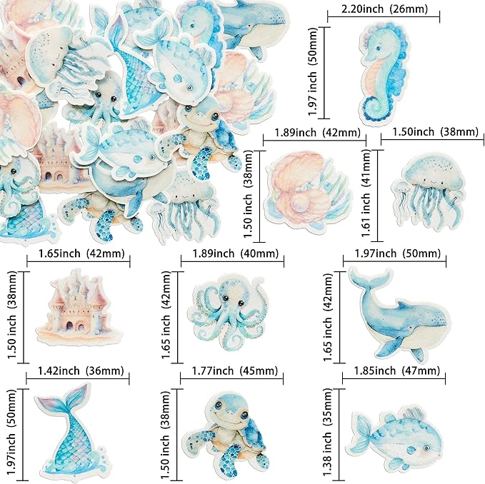 Ephlyn 54Pcs Edible Ocean Animal Cupcake Toppers Wafer Paper Octopus Dolphin Turtle Crab Mermaid Tail Cake Picks for Under the Sea theme Birthday Party Supplies Pink Blue