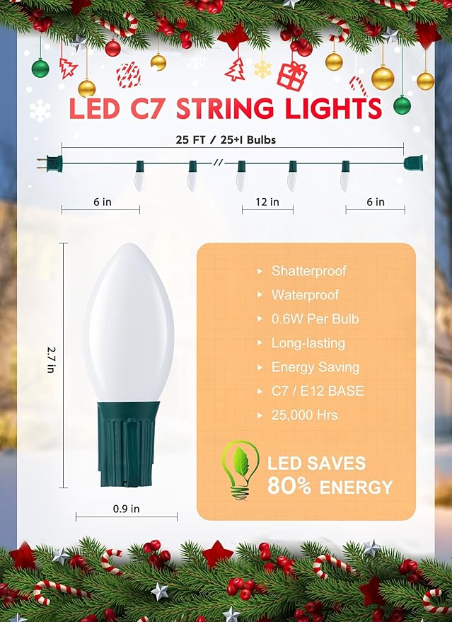 C7 Pure White LED Christmas Lights, 50Ft Vintage String Lights with 50+2 Plastic Bulbs, E12 Candelabra Base, Outdoor Retro Style Hanging Lights for X-mas Patio Fence Roofline Holiday