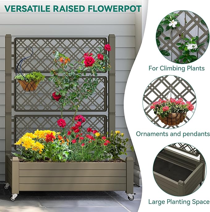 YITAHOME 3.6x1.5x5 FT Planter Box Trellis with Wheels, Large Outdoor Plastic Raised Garden Bed with Drain Plug for Climbing Plants, Light Brown