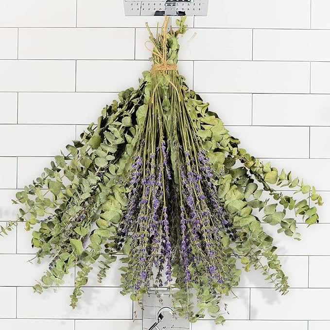 120 PCS Dried Eucalyptus Stems & Lavender Flowers Bundle for Shower, 17'' Natural Real Live Eucalyptus Leaves Greenery Stems & Aromatic Lavender Shower Plant,Gift for Mother,Fragrance, Decor