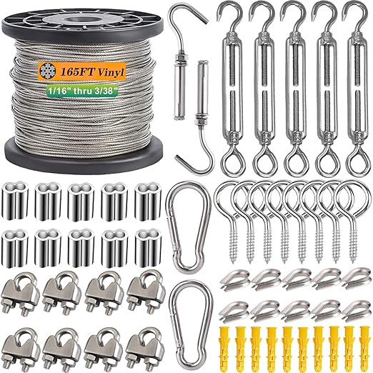 1/16 Wire Rope Kit, Steel Wire Cable, 7x7 Strand Core,165ft Vinyl Coated Stainless Steel Cable Wire for Outdoor Hanging, Climbing, Garden,Craft with Turnbuckle