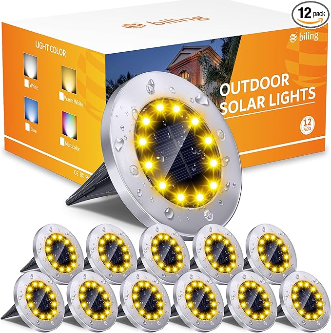 Biling Solar Outdoor Lights 12 Packs, Bright 12 LEDs Solar Ground Lights Waterproof, Flat Pathway Lights Solar Powered for Yard Walkway Garden Driveway (Warm White)