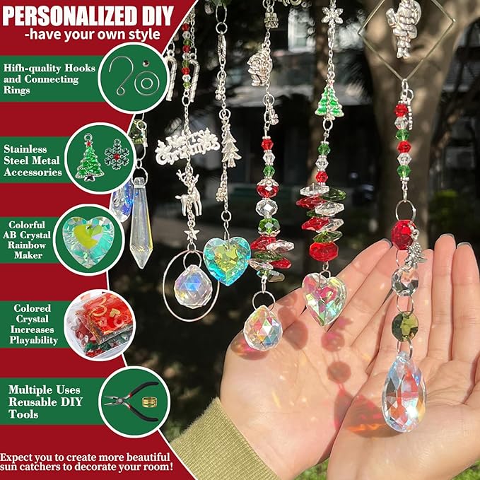 WASTROYAL 500 Pcs+ DIY Suncatcher Making Kits for Adults Crystal Christmas Sun Catchers Crafts Rainbow Maker for Christmas Decor Indoor Window Christmas Favors Sun Catcher Craft (Christmas)