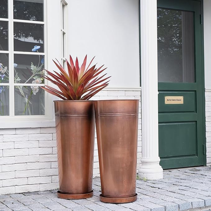 28in Tall Antique Copper Metal Vintage Planter Set of 2,Galvanized Steel Planter Pots for porches/Indoor/terraces Patio- Copper Color(2planters,2inner pots with Holes, 2trays)