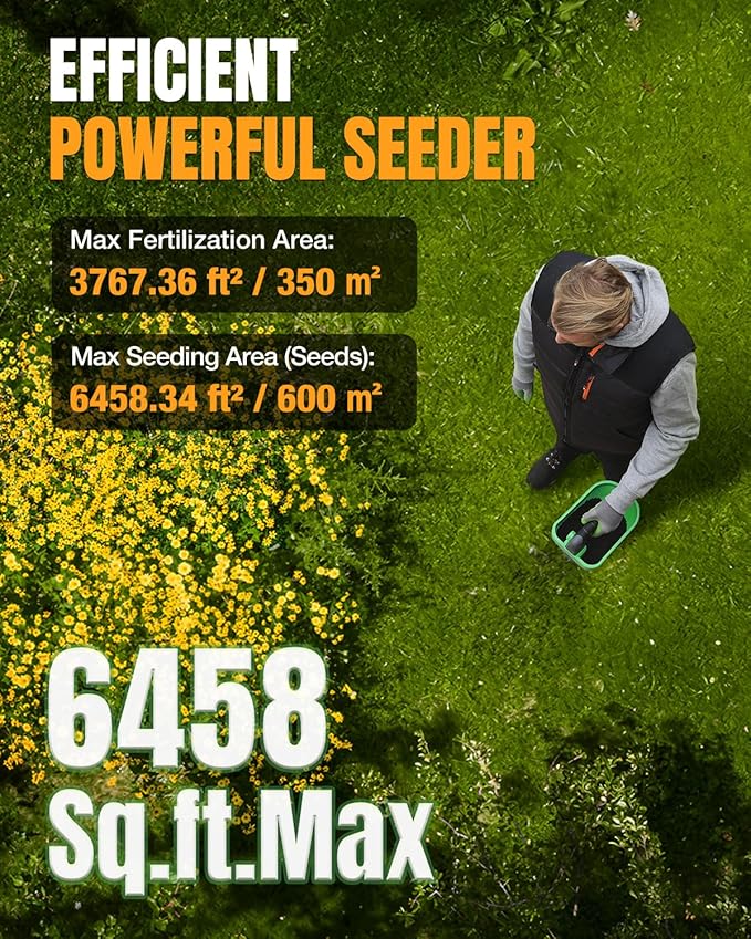 WORKPROX Battery Powered Fertilizer Spreader, 7.2V Seed Spreader for Salt, De-Icer, Earth Food, Rechargeable Grass Seed Spreader with 8-Level Settings and Holds up to 6458 sq.ft. of Product