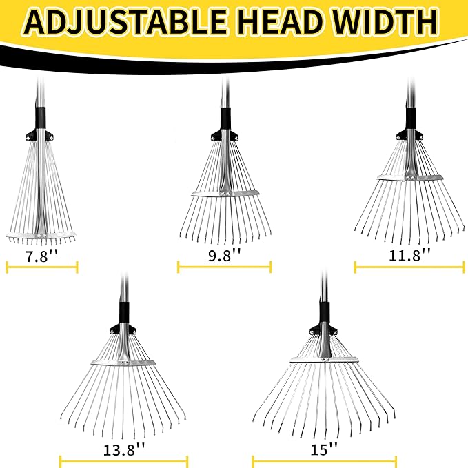 Garden Rake for Leaves,Heavy Duty Metal Adjustable Leaf Rake for Lawns,Long Handle 33"-69" with Expandable Head 8"-15",Garden Tools for Yard Lawn Shrub Garden Beds