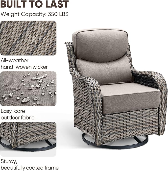 Swivel Patio Chairs sofa Set of 4 with 6" Thick Cushion - Wicker Outdoor Swivel Rocker Patio Chair ,Sofa/Glass coffee table, High Back Comfortable Outdoor Glider Chairs - Grey Wicker | Grey Cushions