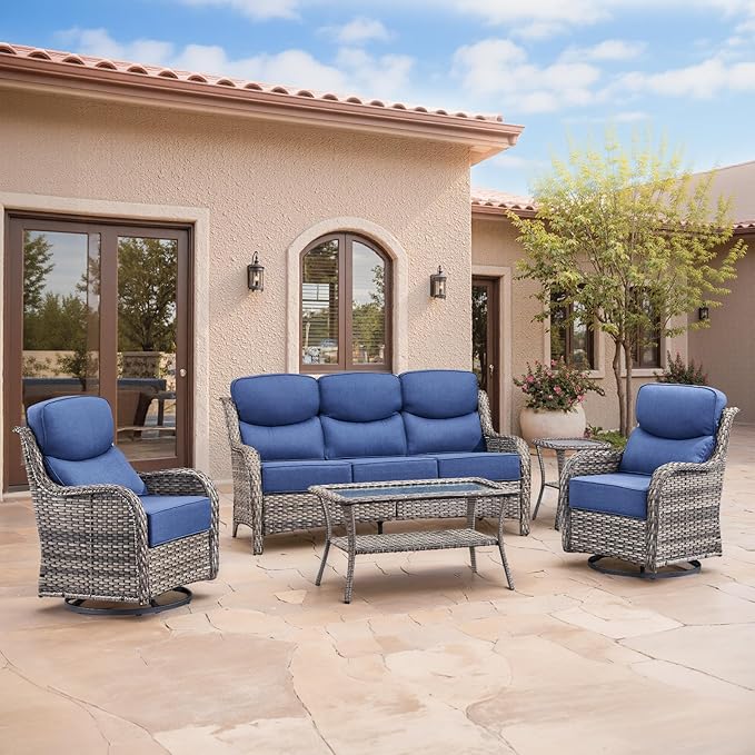 Swivel Patio Chairs sofa Set of 5 with 6" Thick Cushion - Wicker Outdoor Swivel Rocker Patio Chair ,Sofa/Glass coffee table, High Back Comfortable Outdoor Glider Chairs - Grey Wicker | Blue Cushions