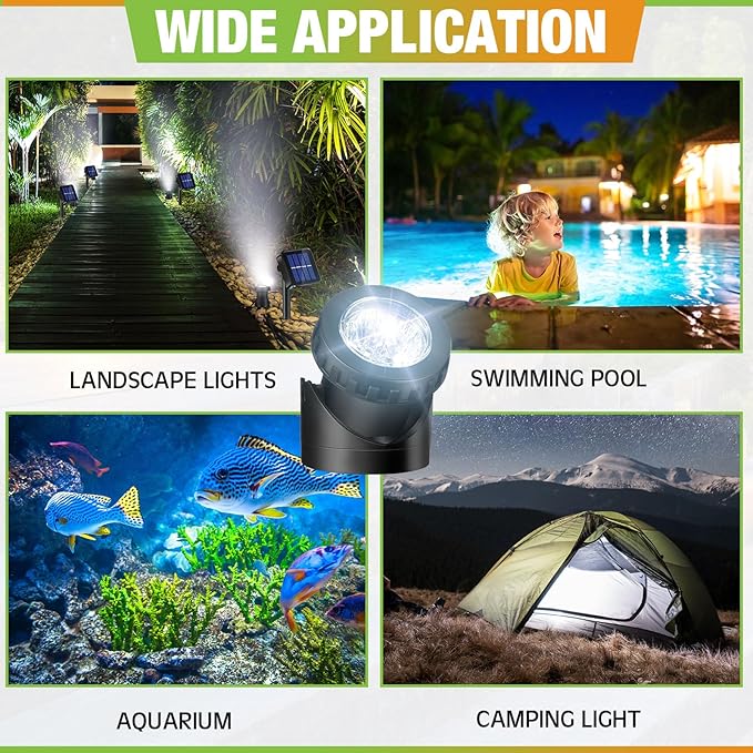 2 Sets Solar Spot Lights Outdoor 10.2ft Cable Landscape Lights Solar Spotlight Lawn Lights Solar Pond Lights Auto On/off 6 LED Waterproof Adjustable for Garden Yard Pool