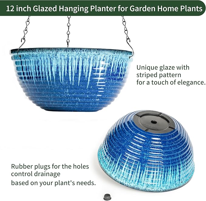 12 inch Hanging Planters for Indoor Outdoor Plants, 2 Pack Large Hanging Flower Pots with Drainage Holes and Chain, Glazed Hanging Baskets for Home Garden Decoration (Blue Flow Glaze)