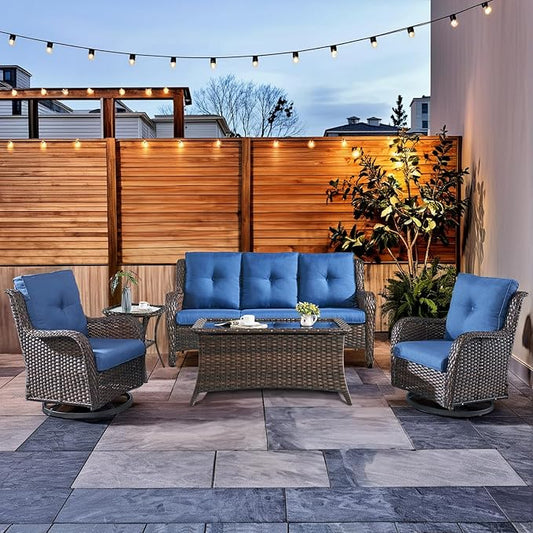 HUMMUH Wicker Patio Furniture Set with Outdoor Swivel Rocker Patio Chairs,High Back Outdoor Couch and Table 5 Pieces Outdoor Furniture for Porch Garden Deck