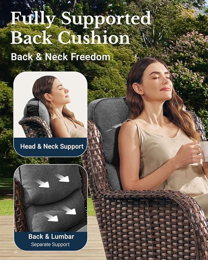 HILLGA Luxury Patio Furniture Set with 6-inch Thick Cushion, Outdoor High Back Swivel Rocker Patio Chairs, 5PCS Wicker Conversation Set for Deck Yard and Poolside, Dark Grey (V2)