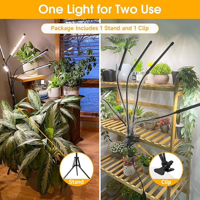wolezek Grow Lights for Indoor Plants Full Spectrum, LED Grow Light with Adjustable Stand and Sturdy Clip, 5-Heads Plant Grow Lights Indoor with Auto 6/12/16H Timer, 3 Light Modes, 5 Levels Dimmable