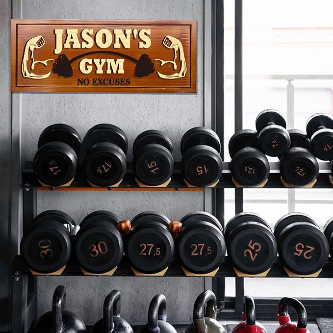 Personalized Wooden Gym Sign Custom Engraved Name Plaque Rustic Wall Decor for Home Gym Fitness Studio with Multiple Sizes and Colors