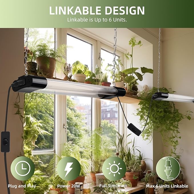 Hlite18inch 4 Pack LED Grow Lights - Linkable Grow Lights for Indoor Plants, Full Spectrum Plant Lights Plug and Hanging Design with On/Off Switch Hanging Grow Light from Seedling to Flowering, Black