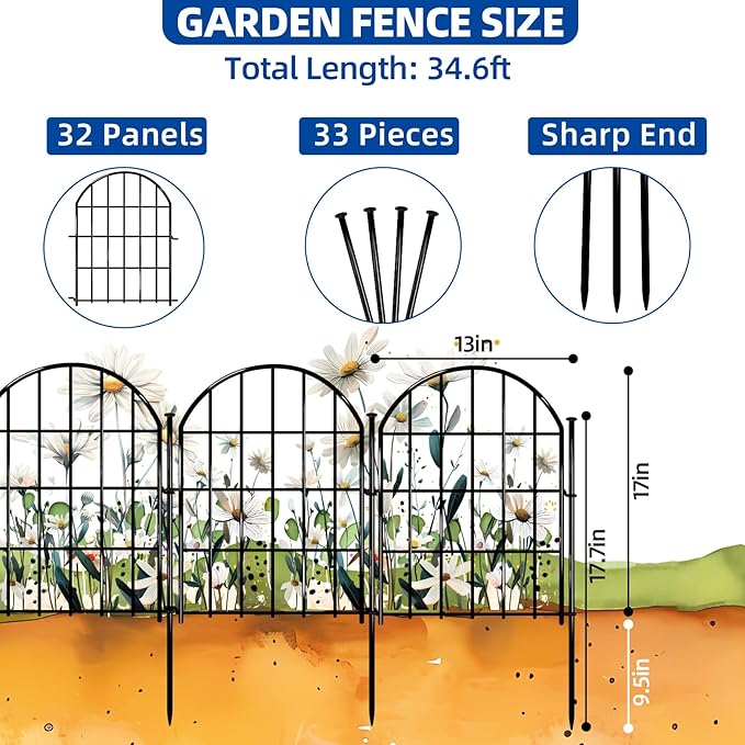 32 Pack Decorative Garden Fence, 17in X 34.6ft Arched No Dig Fence Border, Garden Edging Border, Rustproof Metal Animal Barrier with Ground Stake for Dog, Rabbit, Outdoor Yard Patio Decor