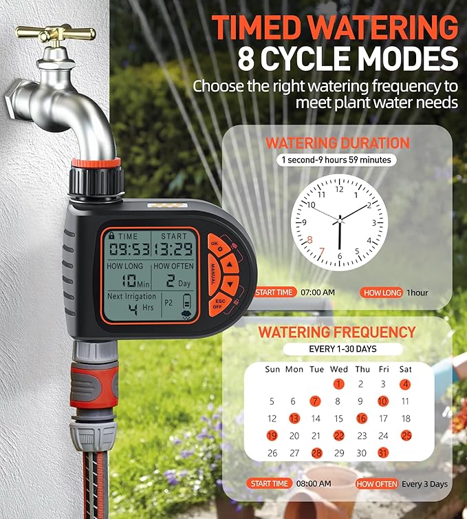 Oscillating Sprinkler with Irrigation Timer, Adjustable Sprinklers for Yard Large Area, Cover up to 3,600 sq. ft, Programmable Water Sprinkler Timer, Rain Delay Lawn & Garden Sprinklers Timer