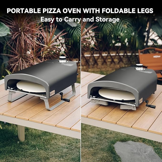 Q Pizza Portable Propane Pizza Oven with Manual Rotating Stone, Tabletop Gas Stove for Outdoor Kitchen, Gas Oven for Making Pizza, Bread, Steak, Pie, PS104