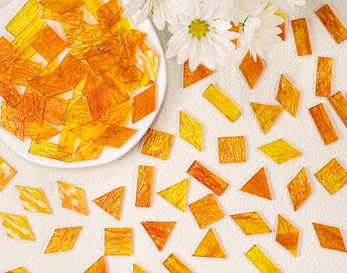 Large Textured Transparent Glass Mosaic Tiles, 200G Vibrant 4 Shapes Stained Pieces for DIY Crafts Bulk, 70pcs for Art Decor, Pumpkin