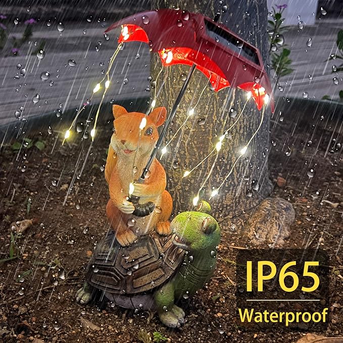 Solar Garden Statue Outdoor Decor - Squirrel Standing on Turtle Holding Umbrella with String Lights Outdoor Waterproof Statues for Patio Lawn Yard Decoration Garden Ornaments Housewarming Gifts