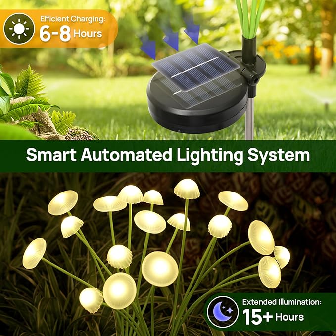 Solar Garden Lights, 2-Pack Dual Mode LED Solar Mushroom Lights, Waterproof Firefly Outdoor Decor for Yard, Patio, and Pathway – Warm White Jellyfish Ambiance