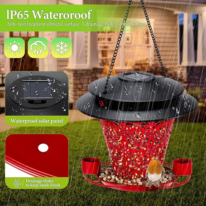 Solar Bird Feeders for Outside Hanging Metal Wild Bird Feeder Solar Lanterns Outdoor Waterproof Garden Decor for Yard red