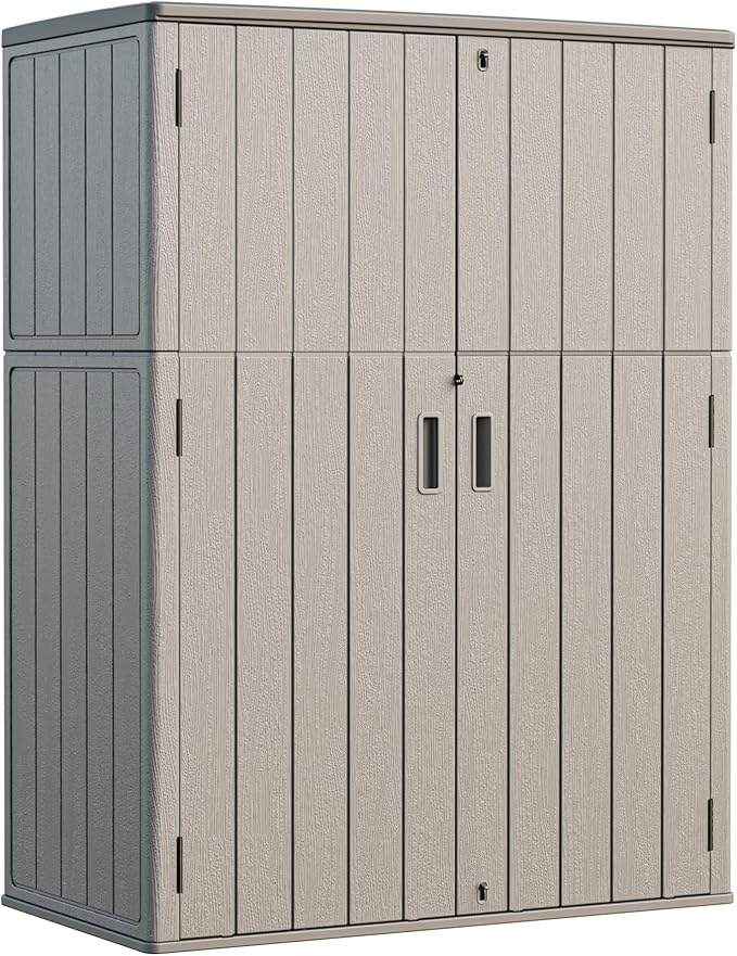 HOMSPARK Outdoor Storage Shed Weather Resistance, Patio Storage Cabinet Lockable Resin Tool Shed for Storage of Bike, Trash Cans, Garden Tools (Shallow Coffee, 66 Cu.ft)