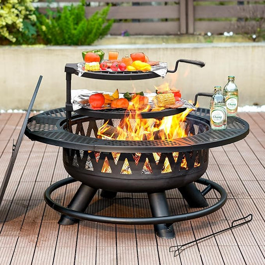 36 Inch Fire Pit with 2 Grills, Large Outdoor Firepits for Outside, Wood Burning Fireplace for Camping,Picnic,Bonfire, 3-in-1 Round Metal Table with Lid for Backyard,Patio,Party