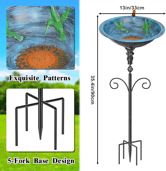 35.4" Tall Bird Bath for Outside, Vintage Metal Birdbaths Bowl with 5 Prong Bases for Outdoors, Freestanding Birdfeeder with Hummingbird Carving for Garden Yard Lawn Decor (Retro Blue)