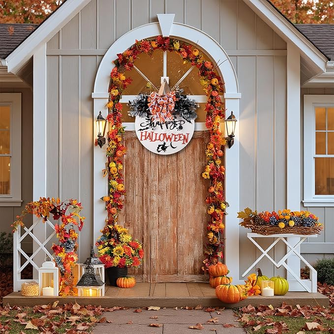 Halloween Door Hanger Sign Wooden Welcome Decor with Bat - Fall Wreaths for Front Door Hanging Decorations for Happy Halloween Party Indoor Outdoor Wall Decor Supply