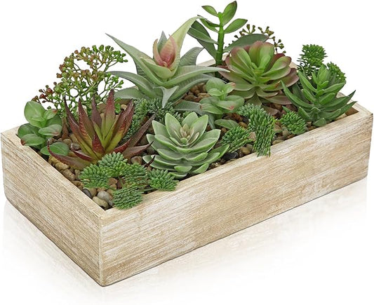 Artificial Succulent Plants in Pot 10 Inch Fake Succulent Arrangement Potted Succulents Plants Centerpiece in Rectangular Wooden Planter for Home Office Desk Shelf Living Room Bedroom Farmhouse Decor