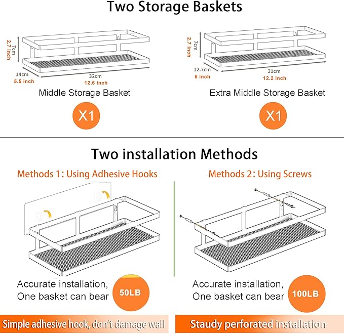 PUSDON Metal Wall Hanging Basket 2 Packs DIY Suitable for Multiple Scenes - Middle White Guardrail Suit