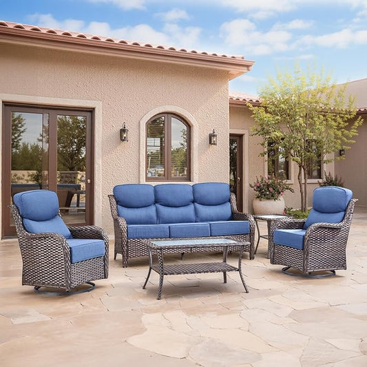 Swivel Patio Chairs sofa Set of 5 with 6" Thick Cushion - Wicker Outdoor Swivel Rocker Patio Chair ,Sofa/Glass coffee table, High Back Comfortable Outdoor Glider Chairs - Brown Wicker | Blue Cushions