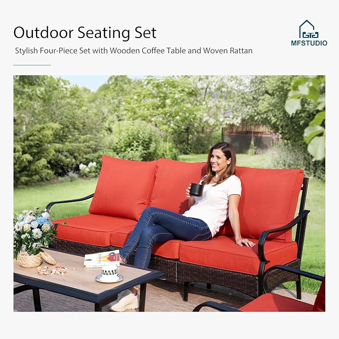 MFSTUDIO 5 PCS Outdoor Patio Furniture Set, Metal Outdoor Conversation Set, Rattan Wicker Patio Sectional Sofa Set with 2 x Fixed Single Sofa, 2-Seat and 3-Seat Sofa, 1 x Coffee Table, Red