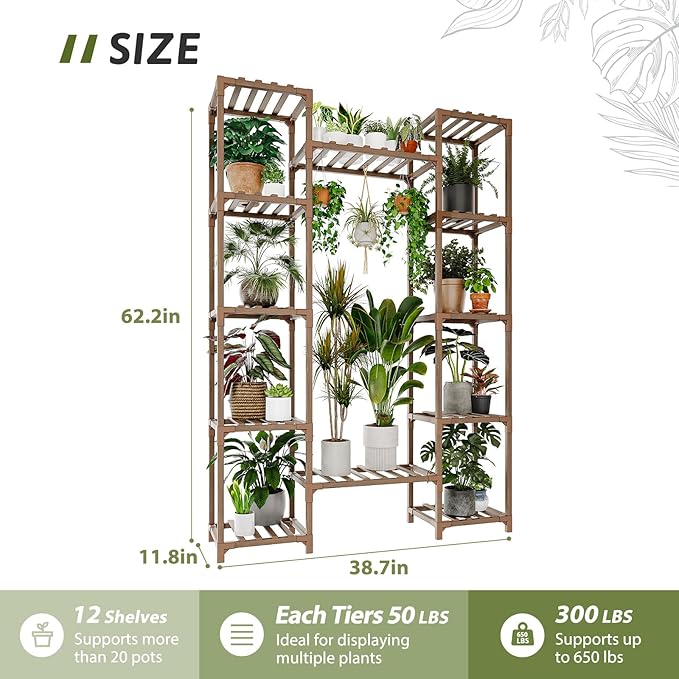 Plant Stand Indoor Outdoor 62.2“ Tall Plant Shelf Large Tiered Flower Stands for Multiple Display Wood Hanging Planter Holder for Living Room Garden Balcony Patio Decor