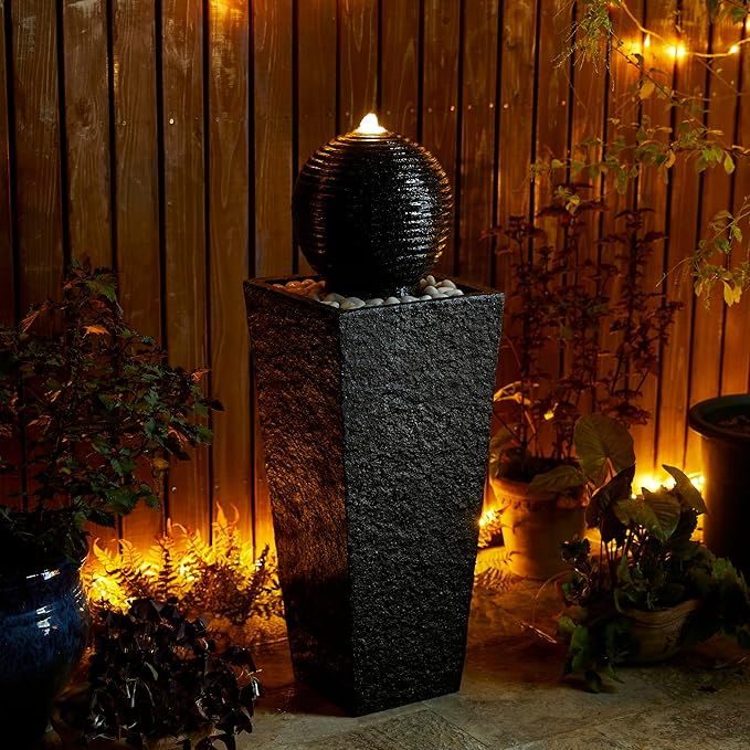 Glitzhome Outdoor Water Fountain with LED Light, Oversized Decorative Black Pedestal Water Fountains with Submersible Pump, Modern Sphere Floor Fountain with Pebbles for Garden Patio Decor, 40.75”H