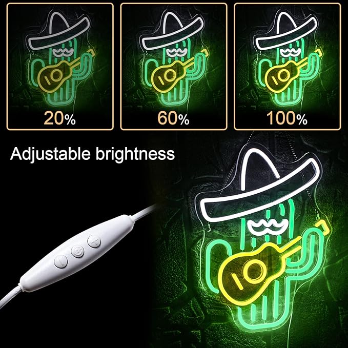 WLHOPE Cactus Neon Sign Cowboy Hat Neon Signs Green Led Neon Signs for Wall Decor, Guitar Cactus Neon Led Signs USB Anime Neon Light for Bedroom Game Room Kids Room Home Bar Party Shop Gift