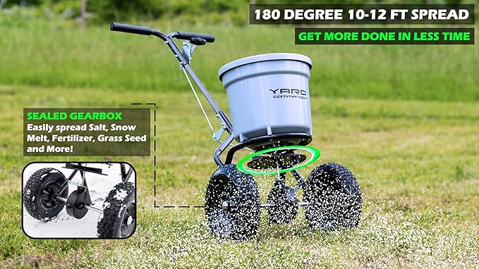 Yard Commander - Commercial 50 LB Walk-Behind Push Broadcast Spreader - 10-12 Foot Spread - Fertilizer, Salt & Grass Seed - Clog Free Design - Fully Enclosed Gear Box - Adjustable Drop Rate